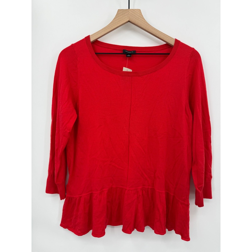 Ann Taylor Sweater Large Red 3/4 Sleeve Lightweight Wool Blend Holiday NEW